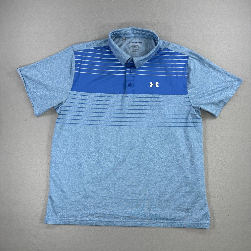 Under Armour Polo Shirt Men 2XL Blue Playoff Striped Performance Golf Loose Fit